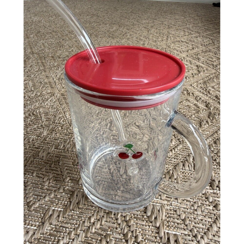 Room 2 Room 16 oz. Cherry Embossed Glass BPA Free Sipper Mug with Lid & Straw